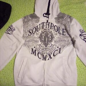 South Pole White and Gray Graphic Zip-Up Sweater